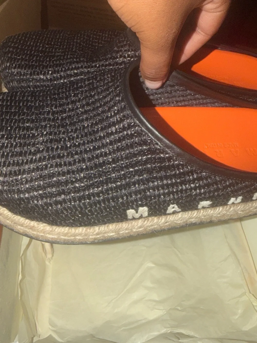 Marni Black Woven Espadrille Mule with Orange Insole